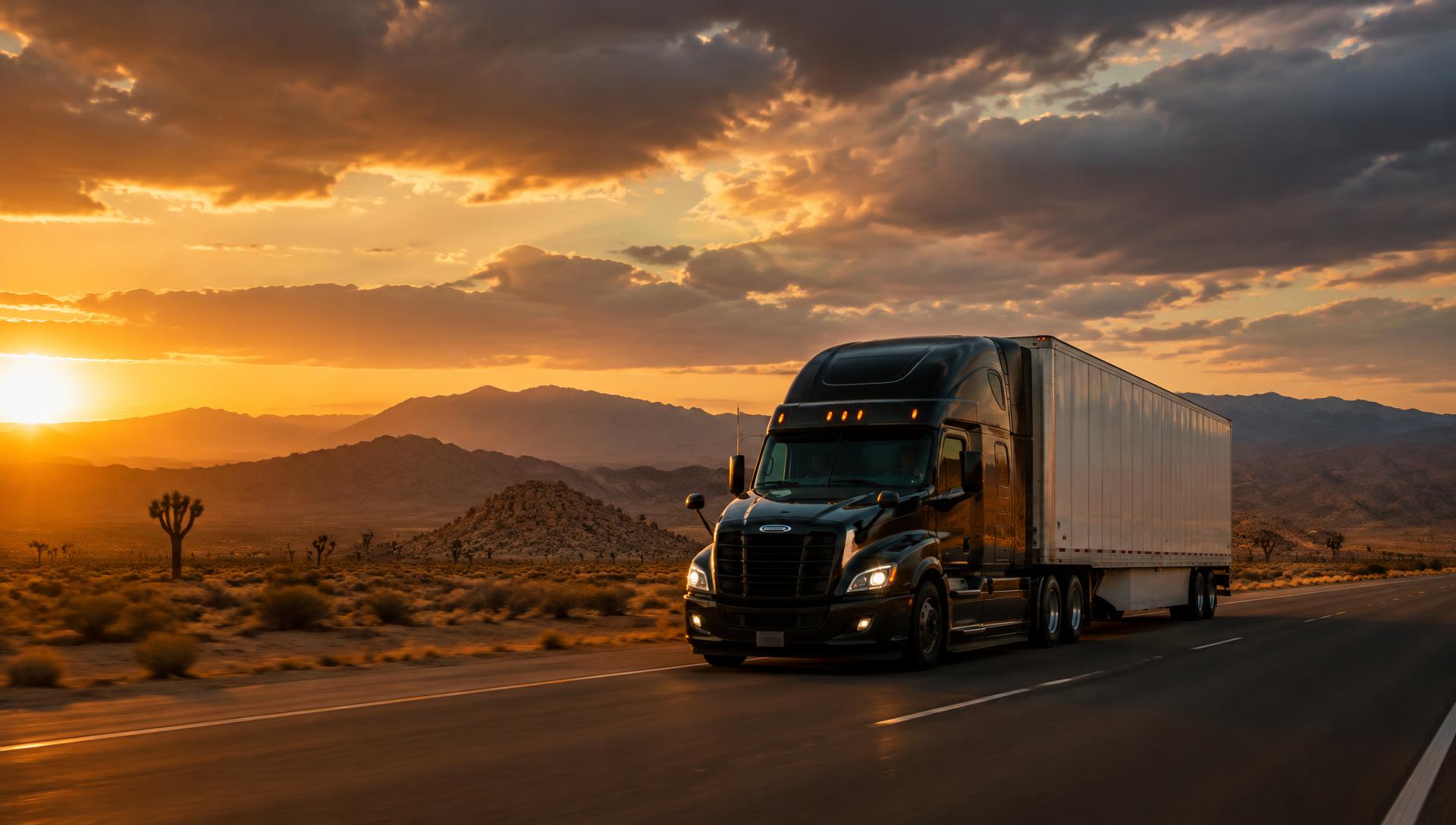 Semi-truck on a desert highway at sunset